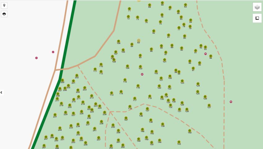 Auszug des Lageplans zum FriedWald Hügelland aus dem FriedWald-Geo-Informationssystem.